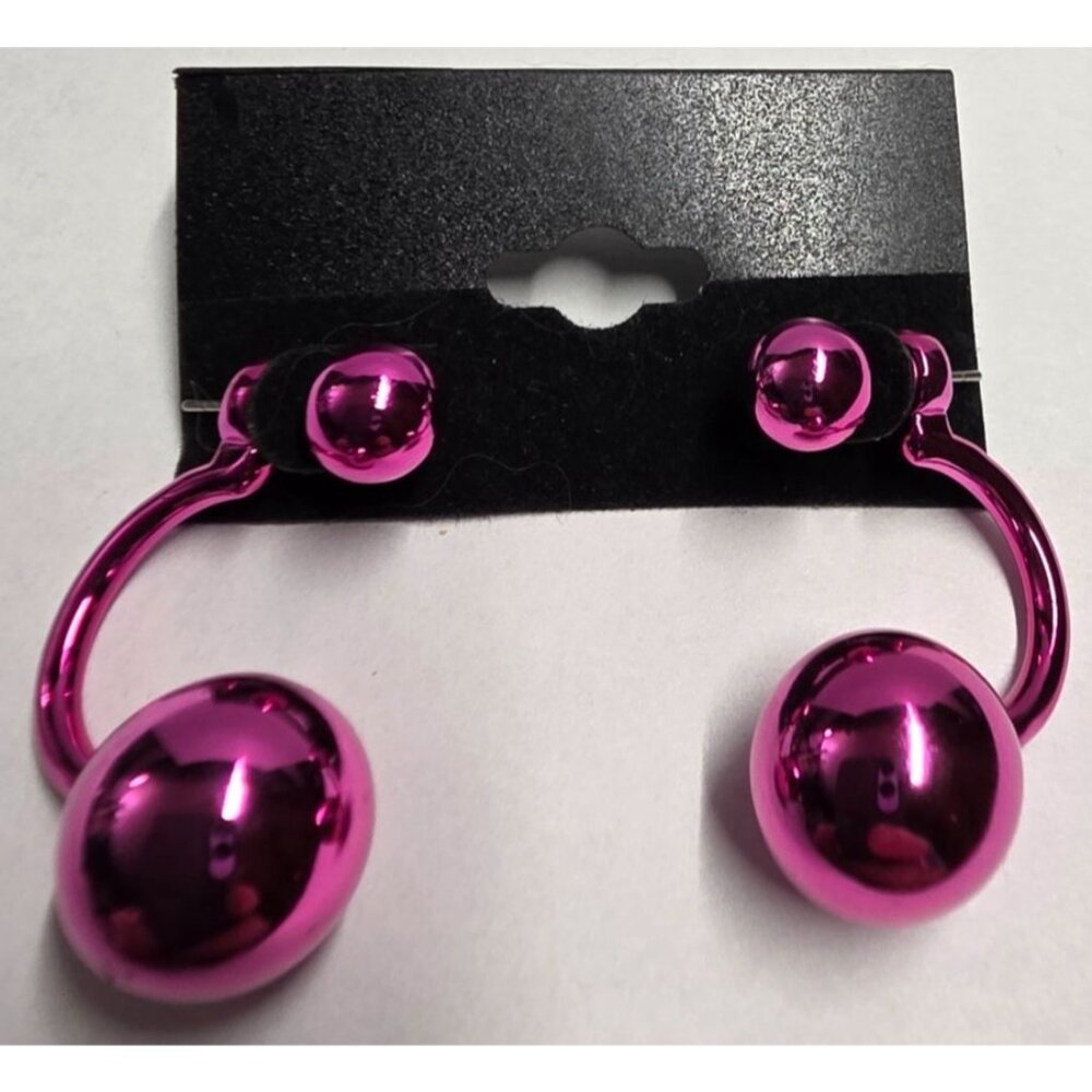 New VTG Shiny Retro Pink Double Ball Drop Pierced Statement‎ Earrings BarbieCore